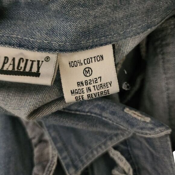 Vintage 90s Denim Tuxedo Ruffle Button Up Western Shirt Womens M Blue - Picture 5 of 7